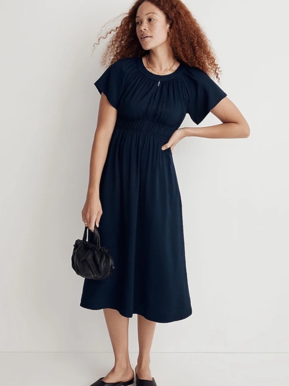 Madewell Sophia Split-Neck Short-Sleeve Midi Dress in Navy Blue Sz M